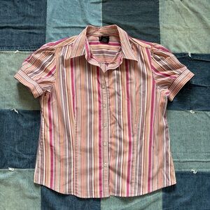 y2k george striped pink orange purple white fitted blouse button puff sleeve L